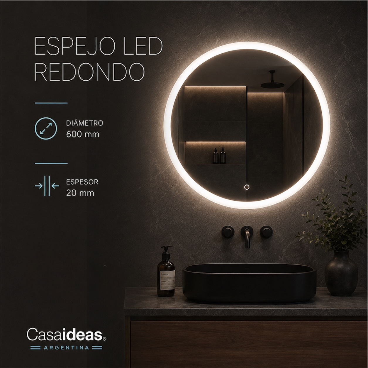 Espejo LED Redondo 60 cm con Iluminación Frontal