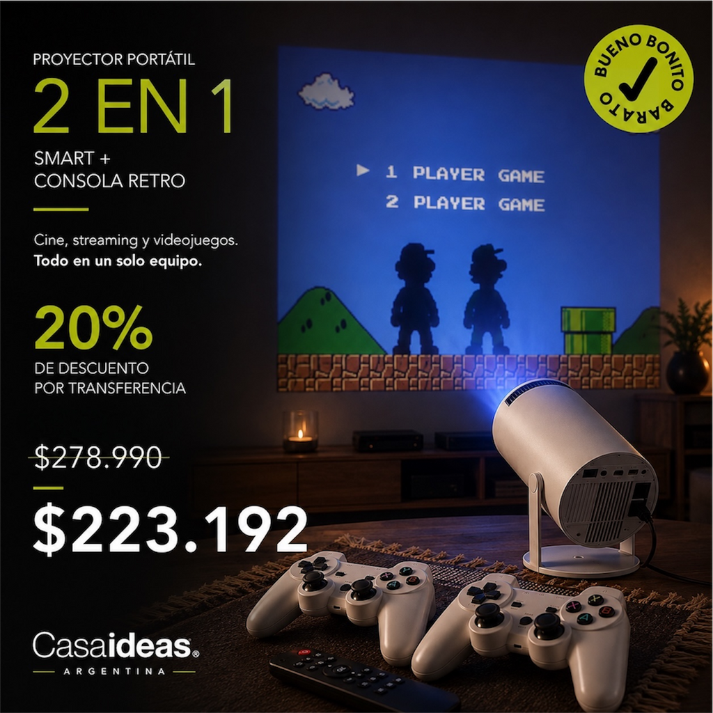 Proyector Portátil 2 en 1 Smart + Consola Retro, WiFi, Bluetooth y 2 Controles